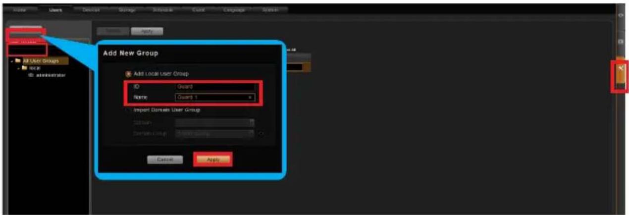 Add New Group Add Local User Group ID Guard Name Guard 1 Import Domain User Group Domain Group Cancel Apply