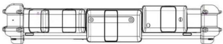 Technical line drawing of a mechanical assembly with cylindrical components and mounting flanges (no text or symbols)