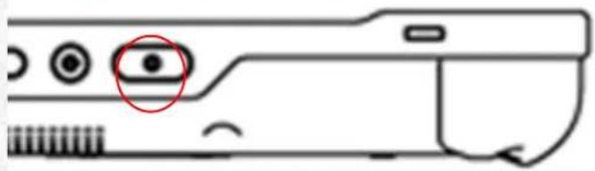 Line drawing of a device rear panel with a red circle highlighting a button (no text or symbols)