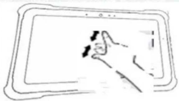 Line drawing of a hand interacting with a tablet device (no text or symbols)