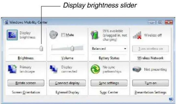 Display brightness slider Windows Mobility Center Display brightness Mute 95% available (plugged in, not charging) Balanced Wireless off Turn wireless on Brightness Volume Battery Status Wireless Network Primary landscape Display connected No sync partnerships Not presenting Rotate screen Connect di…