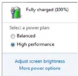 Fully charged (100%) Select a power plan Balanced High performance Adjust screen brightness More power options