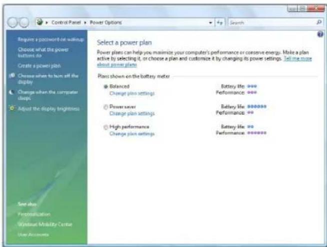 Control Panel > Power Options Require a password on waking Choose what the power buttons do Create a power plan Choose when to turn off the display Change when the computer clocks Adjust the display brightness Select a power plan Power plans can help you maximize your computer's performance or conse…