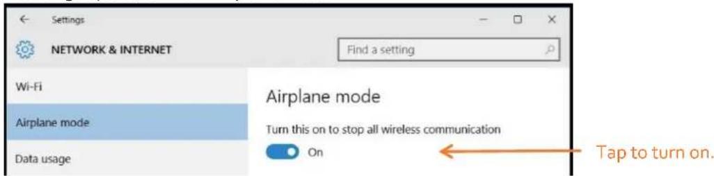 Settings NETWORK & INTERNET Find a setting Wi-Fi Airplane mode Data usage Airplane mode Turn this on to stop all wireless communication On Tap to turn on.