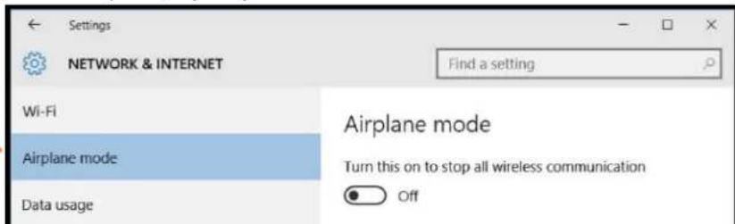 Settings NETWORK & INTERNET Find a setting Wi-Fi Airplane mode Data usage Airplane mode Turn this on to stop all wireless communication Off