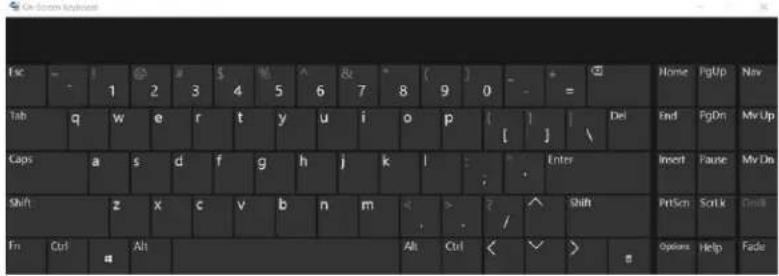 Home PgUp Nav Tab q w e r t y u i o p [ ] Del End PgOn MyUp Caps a s d f g h j k l : Enter Insert Pause My On Shift z x c v b n m < > ? / Shift Print Scr Ctrl Fn Ctrl Alt Alt Ctrl < ✓ > Options Help Fade