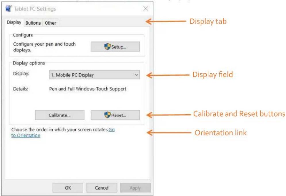Tablet PC Settings Display Buttons Other Configure Configure your pen and touch displays. Setup... Display options Display: 1. Mobile PC Display Details: Pen and Full Windows Touch Support Calibrate... Reset... Choose the order in which your screen rotates Go to Orientation OK Cancel Apply Display t…