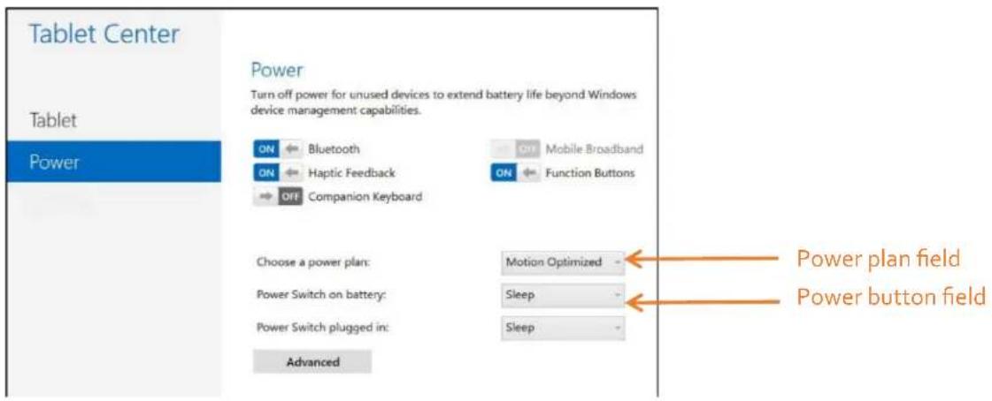 Tablet Center Power Turn off power for unused devices to extend battery life beyond Windows device management capabilities. ON Bluetooth ON Mobile Broadband ON Haptic Feedback ON Function Buttons OFF Companion Keyboard Choose a power plan: Power Switch on battery: Power Switch plugged in: Advanced P…
