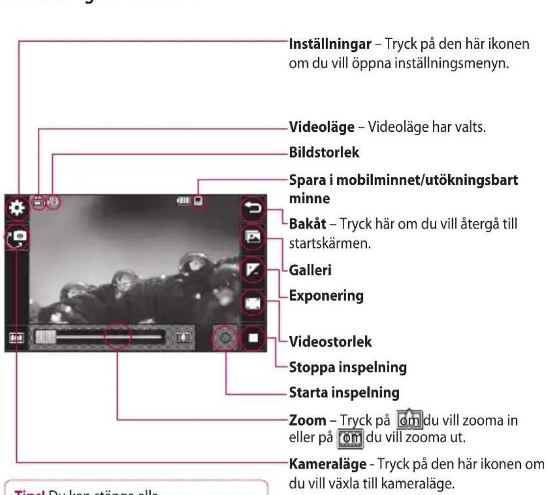 Inställningar – Tryck på den här ikonen om du vill öppna inställningsmenyn. Videoläge – Videoläge har valts. Bildstorlek Spara i mobilminnet/utökningsbart minne Bakåt – Tryck här om du vill återgå till startskärmen. Galleri Exponering Videostorlek Stoppa inspelning Starta inspelning Zoom – Tryck på om du vill zooma in eller på om du vill zooma ut. Kameraläge - Tryck på den här ikonen om du vill växla till kameraläge.