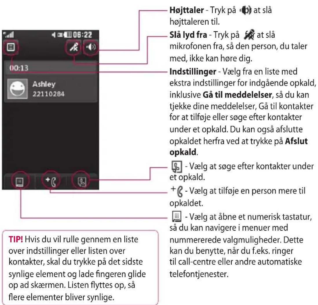 Højttaler - Tryk på for at slå højttaleren til. Slå lyd fra - Tryk på for at slå mikrofonen fra, så den person, du taler med, ikke kan høre dig. Indstillinger - Vælg fra en liste med ekstra indstillinger for indgående opkald, inklusive Gå til meddelelser, så du kan tjekke dine meddelelser, Gå til kontakter for at tilføje eller søge efter kontakter under et opkald. Du kan også afslutte opkaldet herfra ved at trykke på Afslut opkald. - Vælg at søge efter kontakter under et opkald. + - Vælg at tilføje en person mere til opkaldet. - Vælg at åbne et numerisk tastatur, så du kan navigere i menuer med nummererede valgmuligheder. Dette kan du benytte, når du f.eks. ringer til call-centre eller andre automatiske telefontjenester. TIP! Hvis du vil rulle gennem en liste over indstillinger eller listen over kontakter, skal du trykke på det sidste synlige element og lade fingeren glide op ad skærmen. Listen flyttes op, så flere elementer bliver synlige.