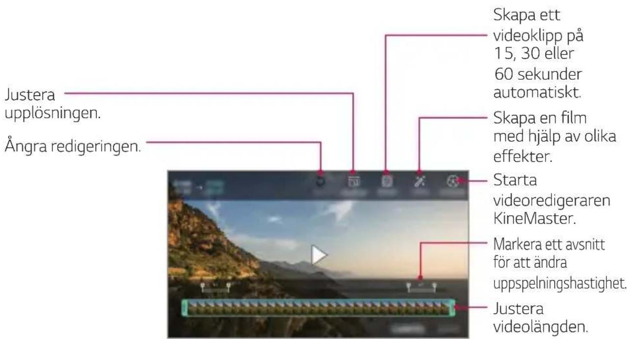 Skapa ett videoklipp på 15, 30 eller 60 sekunder automatiskt. Skapa en film med hjälp av olika effekter. Starta videoredigeraren KineMaster. Markera ett avsnitt för att ändra upspelningshastighet. Justera videolängden.