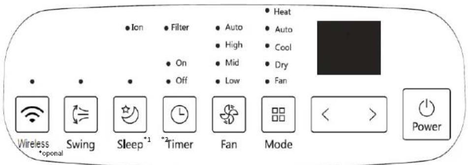 Ion Filter Auto Heat High Cool On Mid Dry Off Low Fan Wireless *oponal Swing Sleep *1 *2 Timer Fan Mode Power