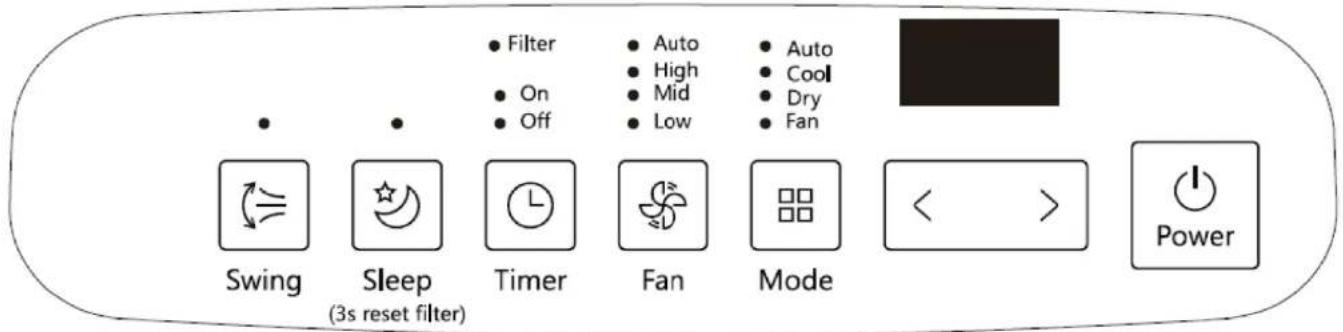 Filter On Off Auto High Mid Low Auto Cool Dry Fan Swing Sleep (3s reset filter) Timer Fan Mode < > Power