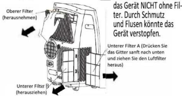 Oberer Filter (herausnehmen) das Gerät NICHT ohne Filter. Durch Schmutz und Flusen könnte das Gerät verstopfen. Unterer Filter A (Drücken Sie das Gitter sanft nach unten und ziehen Sie den Luftfilter heraus) Unterer Filter B (herausziehen)