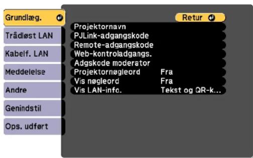 Grundlæg. Trådøst LAN Kabelf. LAN Meddelelse Andre Genindstil Ops. udført Projektornavn PJLink-adgangskode Remote-adgangskode Web-kontroladgangs. Adgskode moderator Projektornøgleord Fra Vis nøgleord Fra Vis LAN-info. Tekst og QR-k...