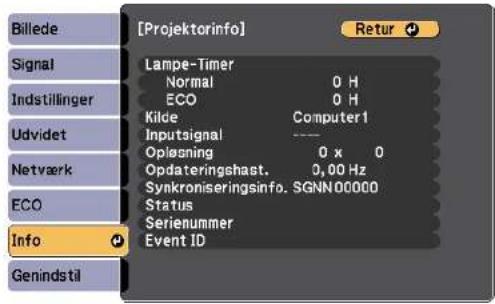 [Projektorinfo] Billede Signal Indstillinger Udvidet Netværk ECO Info Genindstil Lampe-Timer Normal 0 H ECO 0 H Kilde Computer1 Inputsignal ---- Opføsning 0 x 0 Opdateringshast. 0,00 Hz Synkroniseringsinfo. SGNN00000 Status Serienummer Event ID Retur