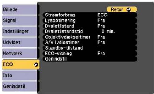 Billede Signal Indstillinger Udvidet Netværk ECO Info Genindstil Strømforbrug ECO Lysoptimering Fra Dvaletilstand Fra Dvaletilstandstid 0 min. Objektivdækseltimer Fra A/V lydløstimer Fra Standby-tilstand ECO-visning Fra Genindstil Return
