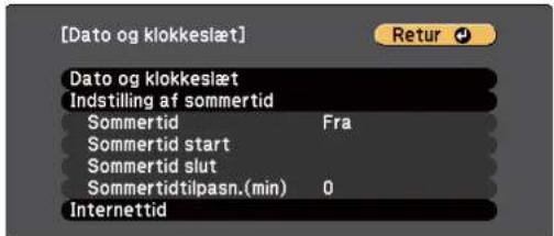 [Dato og klokkeslæt] Dato og klokkeslæt Indstilling af sommertid Sommertid Fra Sommertid start Sommertid slut Sommertidtilpasn.(min) 0 Internettid