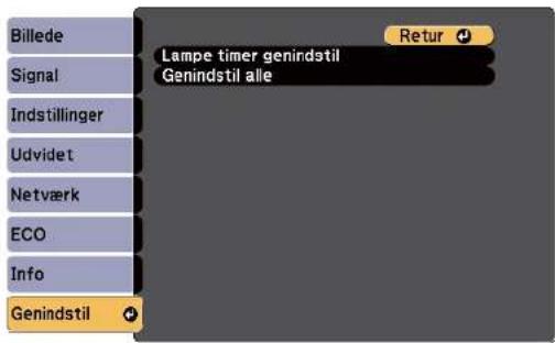 Billede Signal Indstillinger Udvidet Netværk ECO Info Genindstil Lampe timer genirdstil Genindstil alle Retur