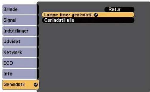 Billede Signal Indstillinger Udvidet Netværk ECO Info Genindstil Lampe timer genindstil Genindstil alle Retur