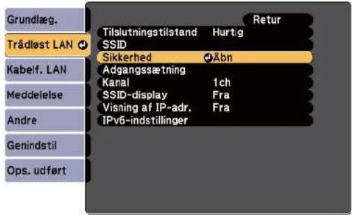 Grundlæg. Trådløst LAN Kabelf. LAN Meddelelse Andre Genindstil Ops. udført Retur Tilslutningstilstand Hurtg SSID Sikkerhed Åbn Adgangssætning Kanal 1ch SSID-display Fra Visning af IP-adr. Fra IPv6-indstillinger