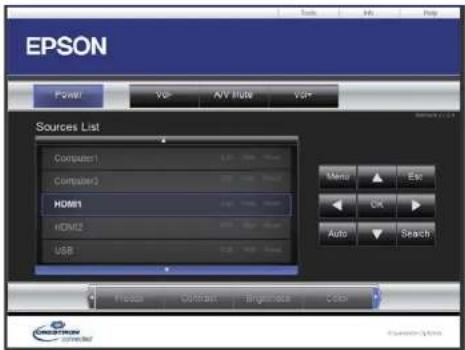 EPSON Power VGP AVV Guide VGP Sources List Computers Computers1 Computers2 HDMI1 HDMI2 USB Master Auto Edit OK Search Process Contrast Bridgebox Gold