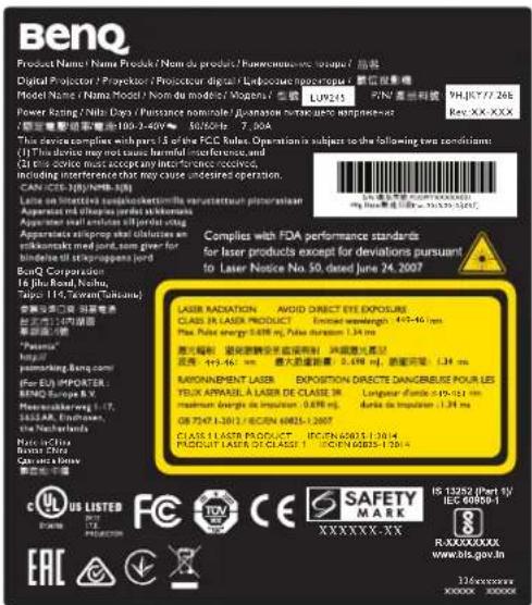 BenQ Product Name/ Name Produk/ Nom de produit / hancemone en torap / 指标 Digital Projector / Proyeort / Proiector digital / Lethacene monograph / 要位投影仪 Model Name/ Name Model/ Nom de model/ Skopers / 金圆 LUY215 PIN 高出利奥 9HJX77.266 Power Rating/Nilo Days / Puissance nominale / Juxanawar semipter apportes Rev XX-XXX The device-compliant with parts 13 of the FCC-Rulet Operation is subject to the following two standards: (1) The device may not cause harmful or harmful products and (2) this device must accept any intrafor direct reception, including interference that may cause undested operation. CAN 058-319 (JPY/NMB-50) Lane on interactive electronic circuitry manufacturer plasnilastam Apparatus mit dipoxy diacetilisikines Apparatus shall attenuate all jordet acitg Apparatus strip export siliconductors an all knockouts med jord, tanx gaver for bindents in decompens jord BonQ Corporation 16 Jho Road, Nishu, Taipei 115, Taiwan (Tianjin) "Patente" http://www.beng.com/ (Fur EU) OFFICER BENCO Europe & M. Maserkabelung 1:17, SASSAR, Endother, the Netherlands Wolfe City Brid City Cayama City COMPLIANT Laser Radiation AVOID DIRECT EYE EXPOSURE CLASS 34 LASER PRODUCT EXPOSED Wavelength: 4.40-4.60 nm The laser energy: 5.488 mJ, Pulse resistance: 1.34 mJ 最大幅宽: 0.0000000000000000000000000000000000000000000000000000000000000000000000000000000000000000000000000000 MAXIMINENT LASER EXPOSITION DIRECTA DANCESE FOU LES YELLOW APPAREL À LASER DE CLASSE 34. Longueur d'onde 4.45-4.65 nm maximum voltage de imputation: 6.698 mJ, dure de imputation: 1.34 mJ DB 7547 1:3871 / BCRN 68825-1:2871 CLASS 3 LAESTA PRODUCT: BCRN 68825-1:2874 PRODUCT LASER DE CLASSE 1 : BCRN 68825-1:2874 IS 132922 (Part 5)/ IES-68826-1 SAFETY MARK XXXXXX-XX R-XXXXXXX www.bls.gov.in 136xxxxxx XXXXXX
