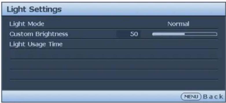 Light Settings Light Mode Normal Custom Brightness 50 Light Usage Time MENU Back