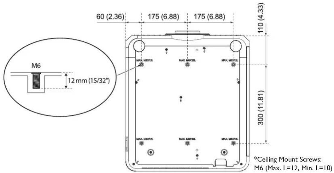 M6 12 mm (15/32") 60 (2.36) 175 (6.88) 175 (6.88) MAX. MEXTIL MAX. MEXTIL MAX. MEXTIL 300 (11.81) *Ceiling Mount Screws: M6 (Max. L=12, Min. L=10)