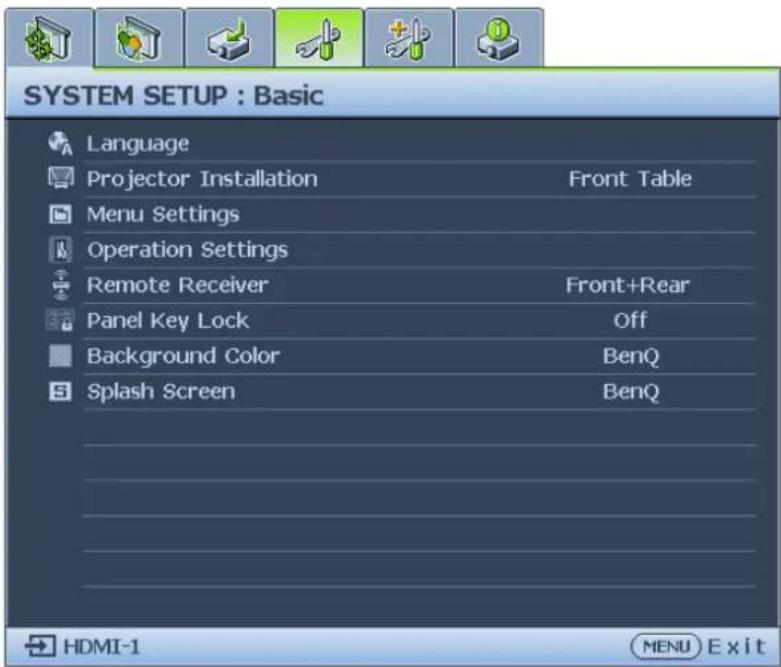 SYSTEM SETUP : Basic Language Projector Installation Front Table Menu Settings Operation Settings Remote Receiver Front+Rear Panel Key Lock Off Background Color BenQ Splash Screen BenQ HDMI-1 MENU Exit