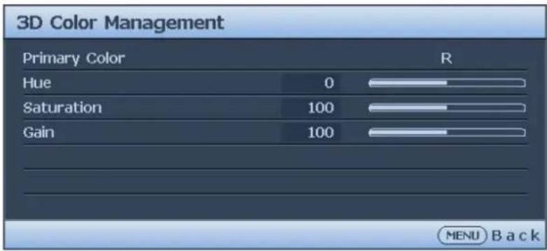 3D Color Management Primary Color R Hue 0 Saturation 100 Gain 100 MENU Back