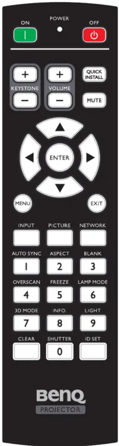 ON POWER OFF + + QUICK INSTALL KEYSTONE VOLUME - - MUTE ENTER MENU EXIT INPUT PICTURE NETWORK AUTO SYNC ASPECT BLANK 1 2 3 OVERSCAN FREEZE LAMP MODE 4 5 6 3D MODE INFO. LIGHT 7 8 9 CLEAR SHUTTER ID SET 0 BenQ PROJECTOR