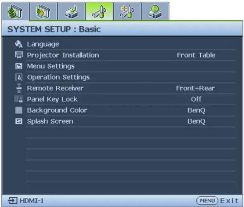 SYSTEM SETUP : Basic Language Projector Installation Front Table Menu Settings Operation Settings Remote Receiver Front+Rear Panel Key Lock Off Background Color BenQ Splash Screen BenQ HDMI-1 MENU Exit