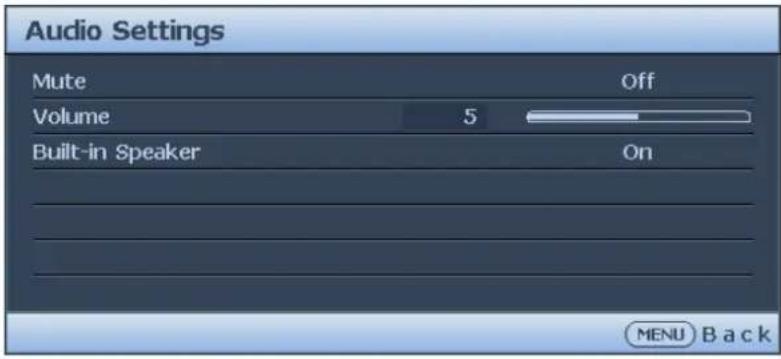 Audio Settings Mute Off Volume 5 Built-in Speaker On MENU Back