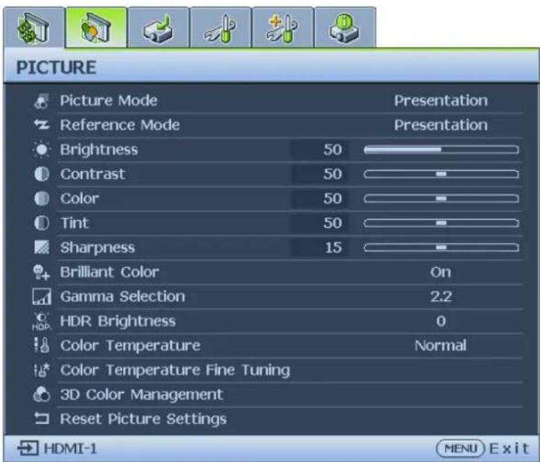 PICTURE Picture Mode Presentation Reference Mode Presentation Brightness 50 Contrast 50 Color 50 Tint 50 Sharpness 15 Brilliant Color On Gamma Selection 2.2 HDR Brightness 0 Color Temperature Normal Color Temperature Fine Tuning 3D Color Management Reset Picture Settings HDMI-1 MENU Exit