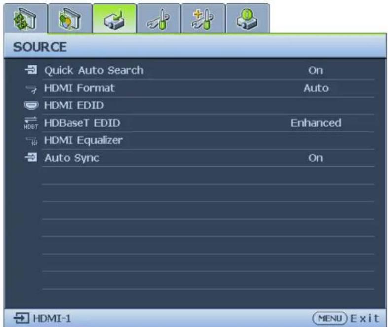 SOURCE Quick Auto Search On HDMI Format Auto HDMI EDID HDBaseT EDID Enhanced HDMI Equalizer Auto Sync On HDMI-1 MENU Exit