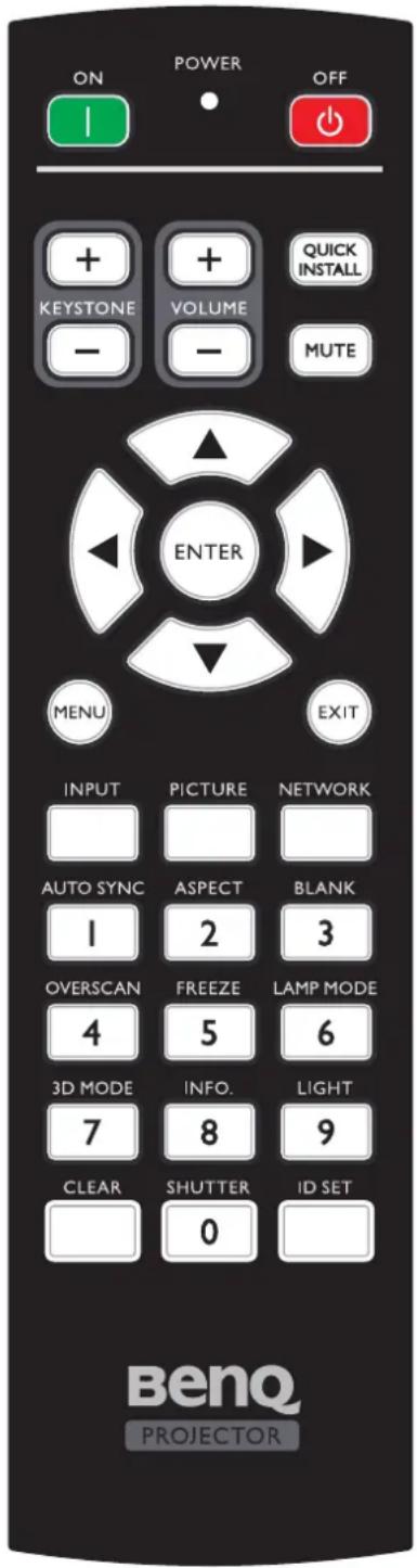 ON POWER OFF + + QUICK INSTALL KEystone VOLUME - - MUTE ENTER MENU EXIT INPUT PICTURE NETWORK AUTO SYNC ASPECT BLANK 1 2 3 OVERSCAN FREEZE LAMP MODE 4 5 6 3D MODE INFO. LIGHT 7 8 9 CLEAR SHUTTER ID SET 0 BenQ PROJECTOR