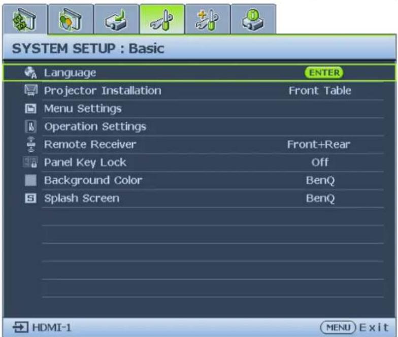 SYSTEM SETUP : Basic Language ENTER Projector Installation Front Table Menu Settings Operation Settings Remote Receiver Front+Rear Panel Key Lock Off Background Color BenQ Splash Screen BenQ HDMI-1 MENU Exit
