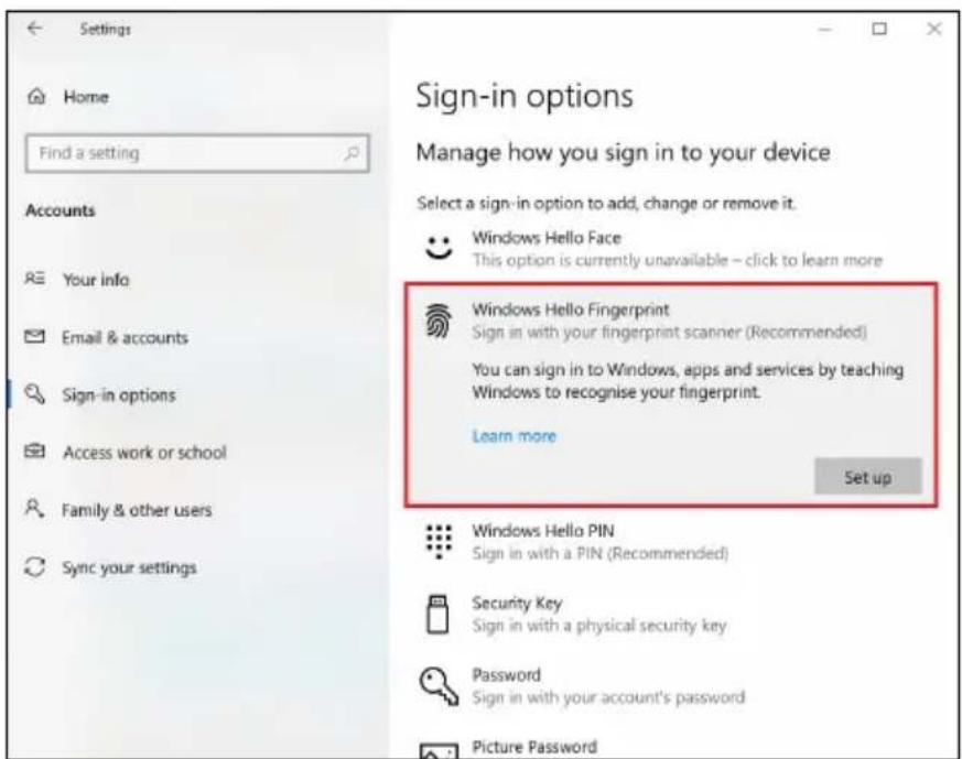 ACER Enduro N3 - [Windows Hello Fingerprint] (Windows Hello-fingeraftryk) skal du vælge [Set up] (Opsætning) for at konfigurere fingeraftrykslæseren. - 1