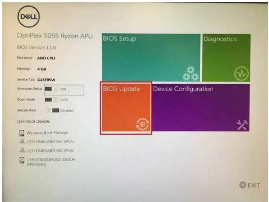 DELL OptiPlex 5055 Ryzen APU BIOS Version 1.1.0 Processor: AMD CPU Memory: 4 GB Service Tag G13FR9W Advanced Setup ON Boot mode UEFI Secure Boot Doubled UEFI Boot Devices Windows Boot Manager UEFI ONBOARD NIC (IPV4) UEFI ONBOARD NIC (IPV6) UEFI STS00DM002-1SB10A 2990051Q BIOS Setup Diagnostics BIOS Update Device Configuration EXIT