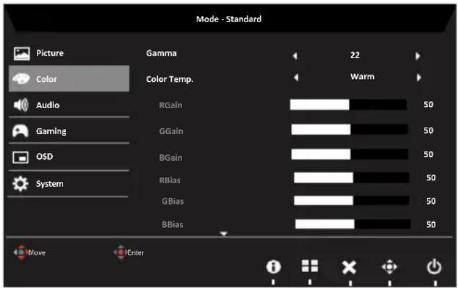Mode - Standard Picture Color Audio Gaming OSD System Gamma 22 Color Temp. Warm RGain 50 GGain 50 BGain 50 RBias 50 GBias 50 BBias 50 Move Enter