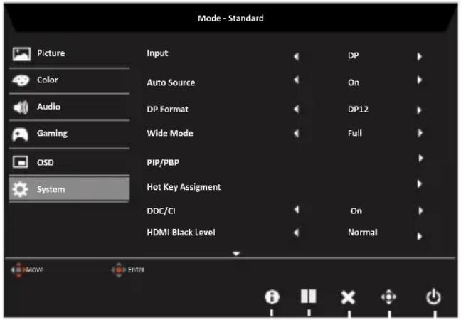 Mode - Standard Picture Color Audio Gaming OSD System Input Auto Source DP Format Wide Mode PIP/PBP Hot Key Assignment DDC/CI HDMI Black Level DP On DP12 Full On Normal