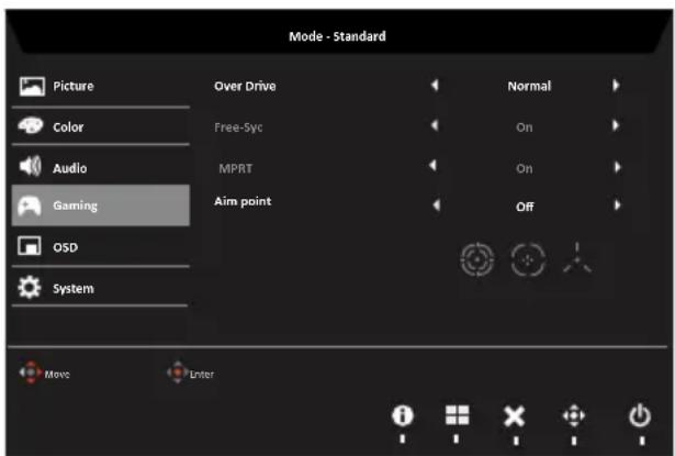 Mode - Standard Picture Over Drive Normal Color Free-Syc On Audio MPRT On Gaming Aim point Off OSD System Move Enter