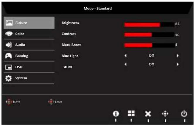 Mode - Standard Picture Color Audio Gaming OSD System Brightness 65 Contrast 50 Black Boost 5 Blue Light Off ACM Off Move Enter