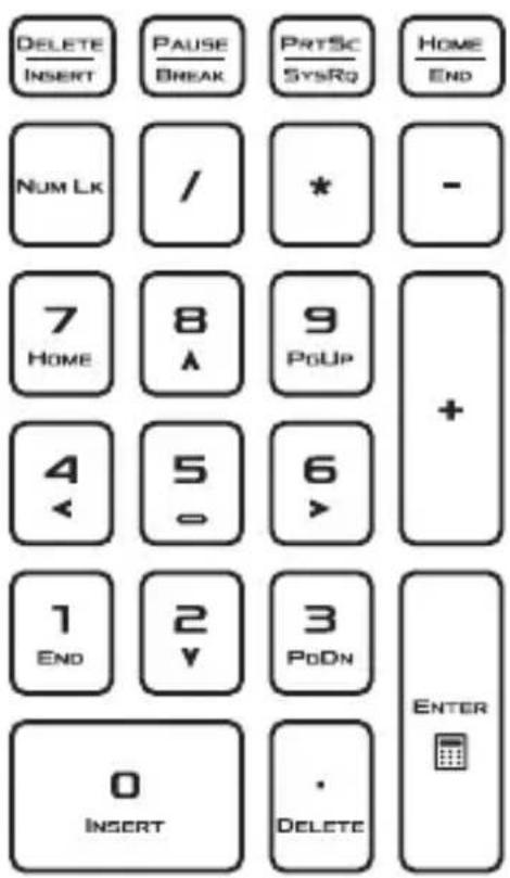 DELETE INSERT PAUSE BREAK PRTSc SysRg HOME END NUM Lk / * - 7 HOME 8 A 9 PoUp + 4 < 5 = 6 > 1 END 2 Y 3 PoDN ENTER 0 INSERT . DELETE