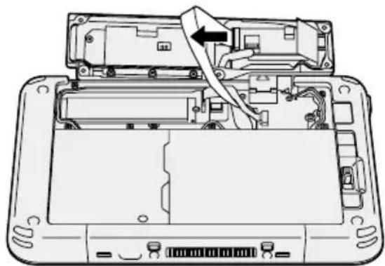 Diagram of a laptop's internal components showing an open rear panel with a cable inserted, no text or symbols present.