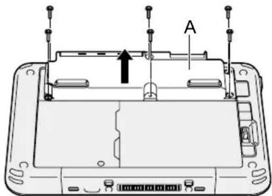 Diagram of a device rear panel with labeled components and an arrow indicating assembly or movement