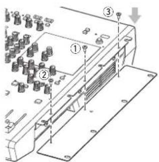 Technical diagram of an electronic device with numbered components and a downward arrow indicating motion or assembly.