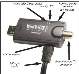 Active LED Digital signal quality LED Remote control receiver (on the side) WinTV-HVR Hadoop® A/V connector A/V input cable Antenna/cable TV connector