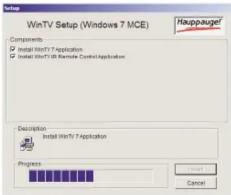 WinTV Setup (Windows 7 MCE) Components ✓ Install WinTV 7 Application ✓ Install WinTV 8 Remote Control Application Description Install WinTV 7 Application Progress Cancel Naippauge